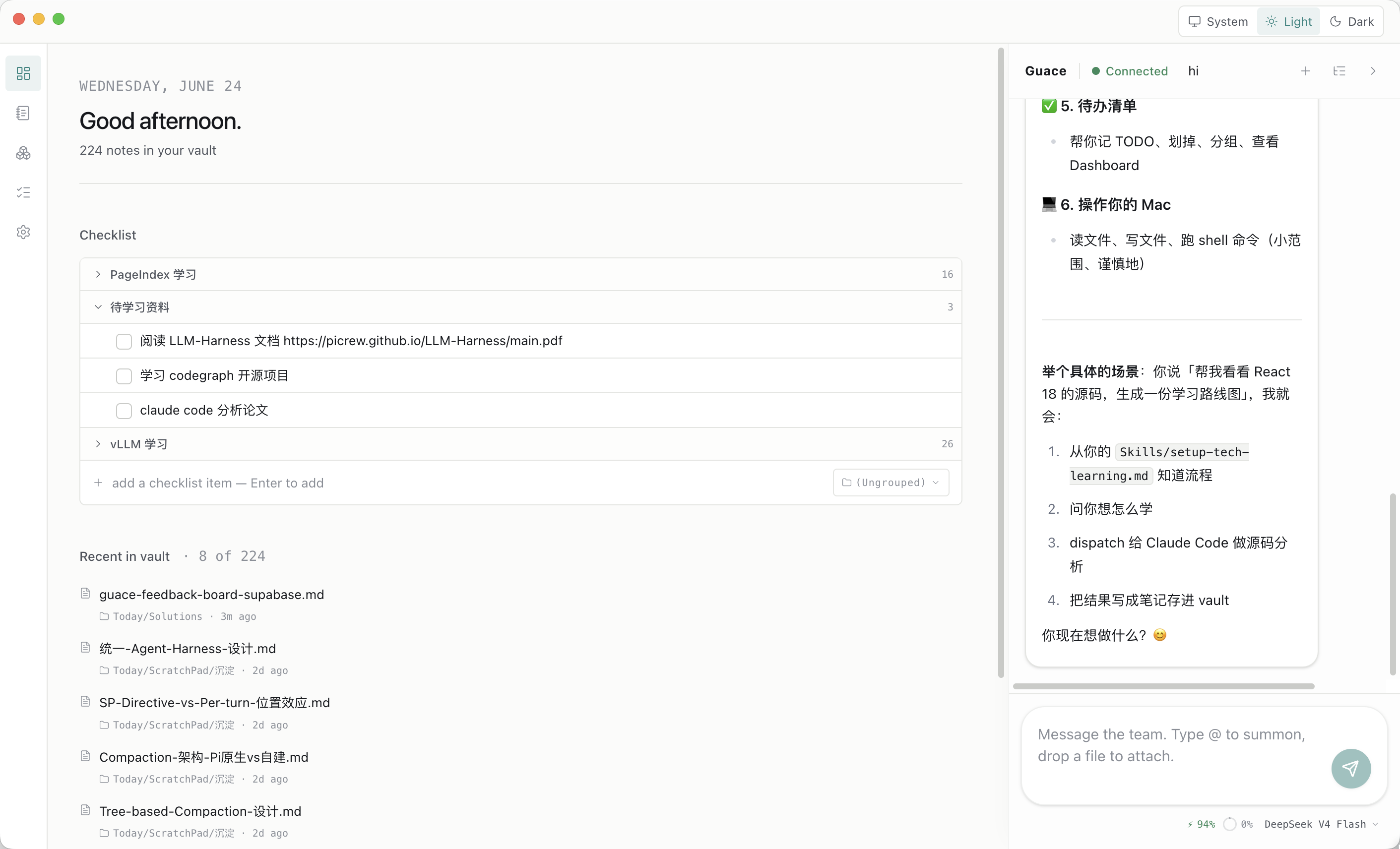 Guace dashboard with a checklist, recent knowledge-base items, and an agent chat panel
