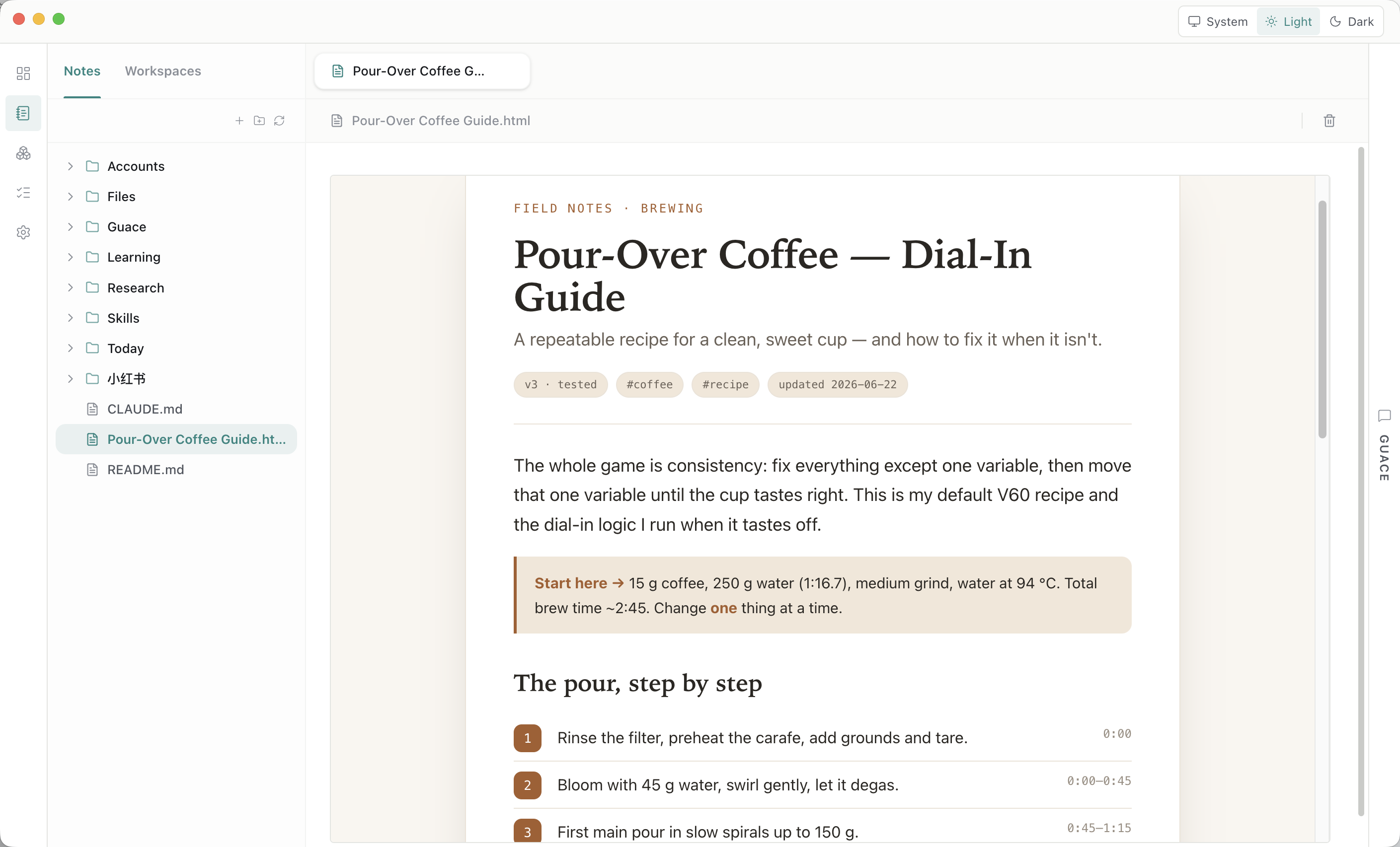 HTML coffee guide rendered inline inside Guace